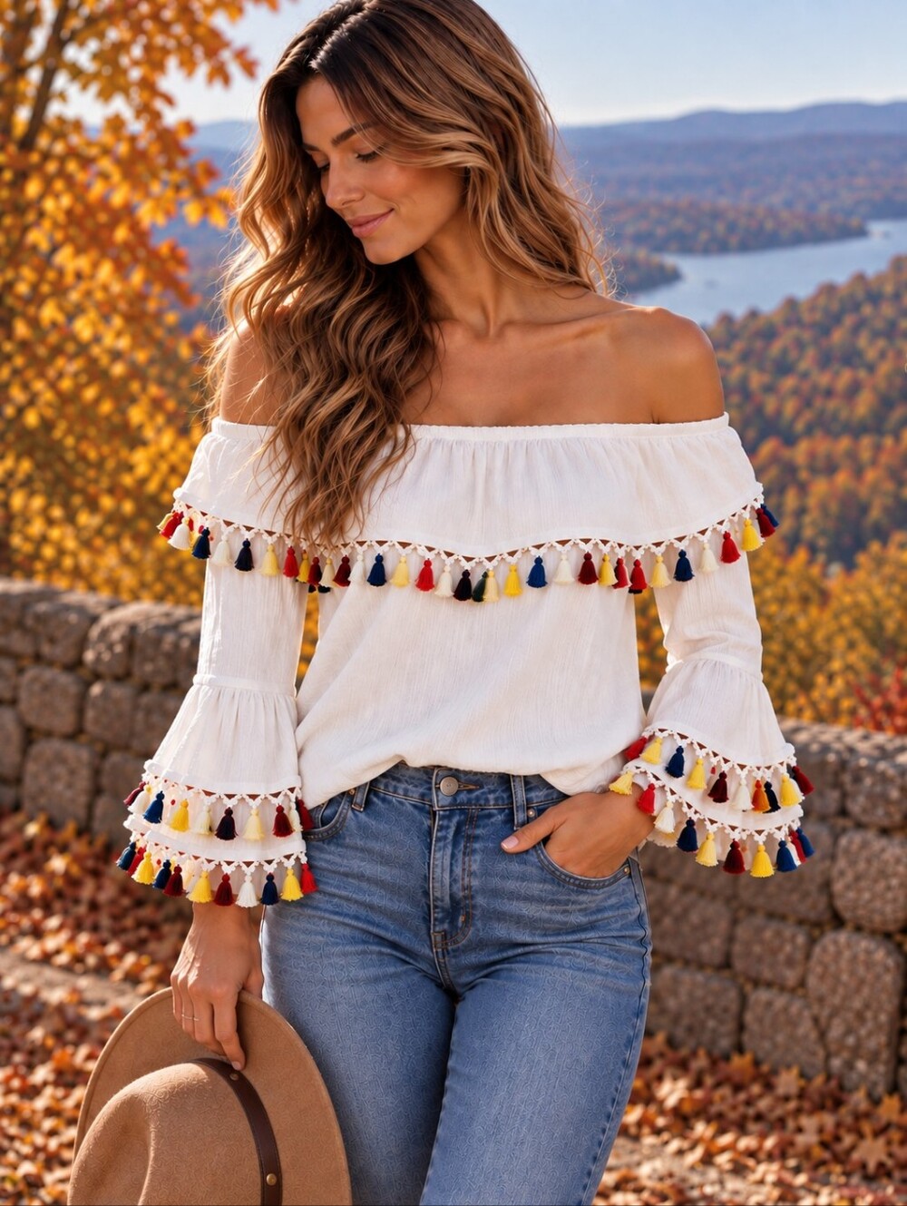 White Off Shoulder Tassel Bell Sleeve Boho Blouse Top Altar’d State M